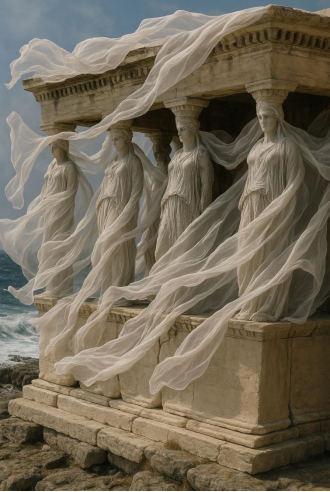 #Caryatids yang mengalir di angin# Gaya patung terkait erat dengan seni Yunani kuno